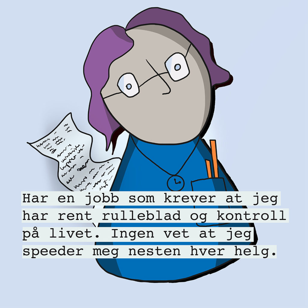 Illustrasjon av en dame med lilla hår som har på briller og står med en avis i håneden