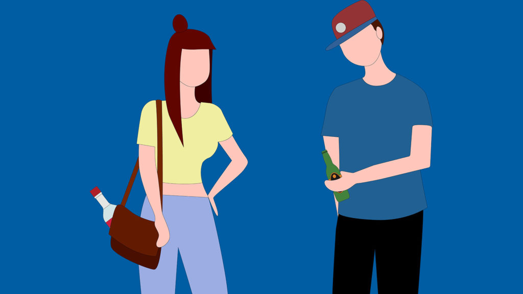 illustrasjon av en gutt og en jente i tenårene med hver sin flaske med alkohol