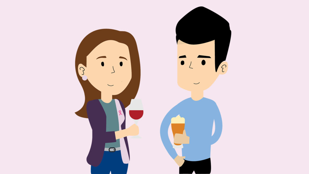 en tegning av en mann og dame som skåler med vin og øl.