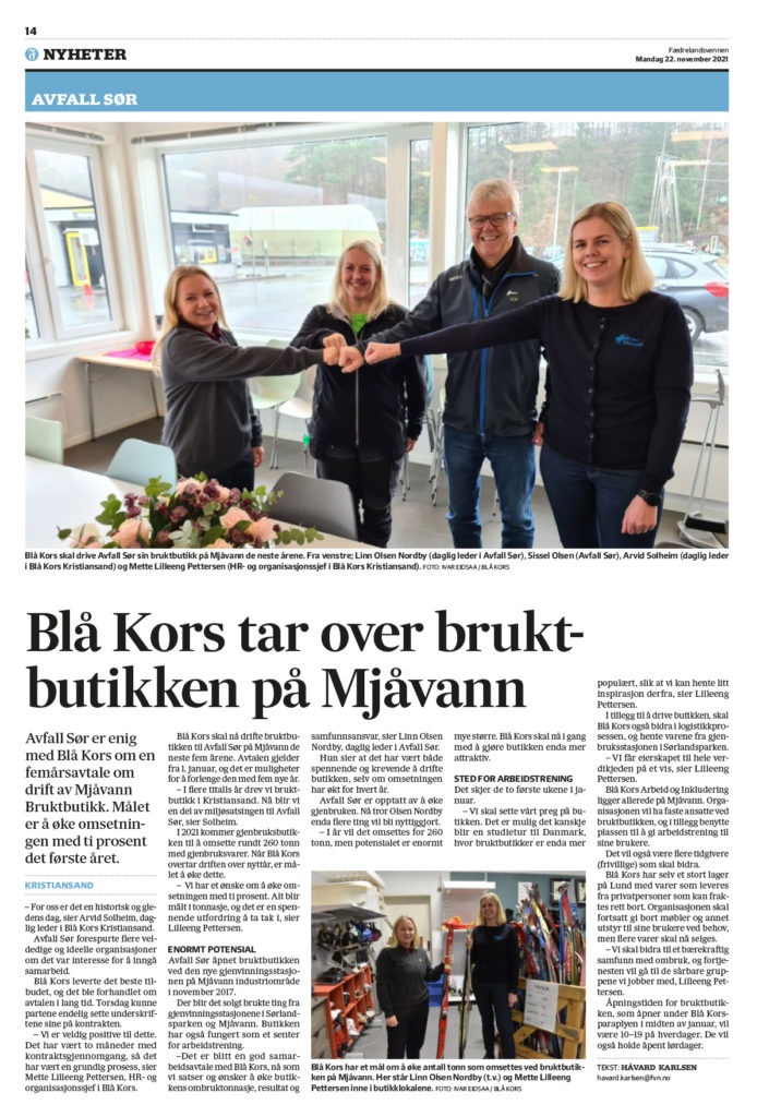 Fedrelandsvennen om Blå Kors Gjenbruk