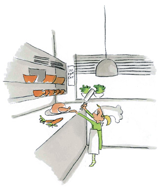 Illustrasjon av barn som står på kjøkkenet og må gjøre kjøkkenarbeid som hun er for liten til