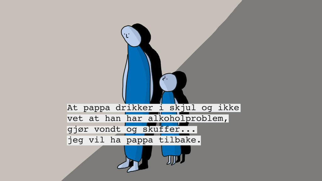 Illustrasjon fra Norske Hemmeligheter av to figurer som skal illustrere far og datter som går hånd i hånd