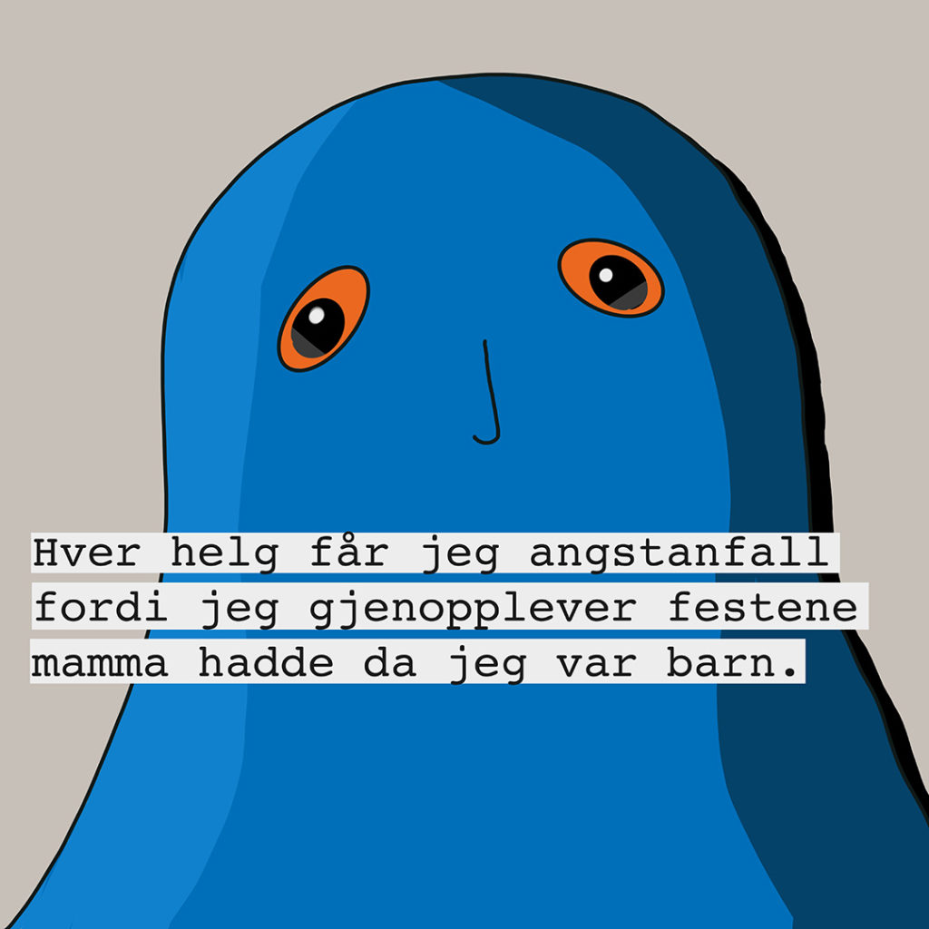 Illustrasjon fra Norske Hemmeligheter av en blå figur som ser lei seg ut