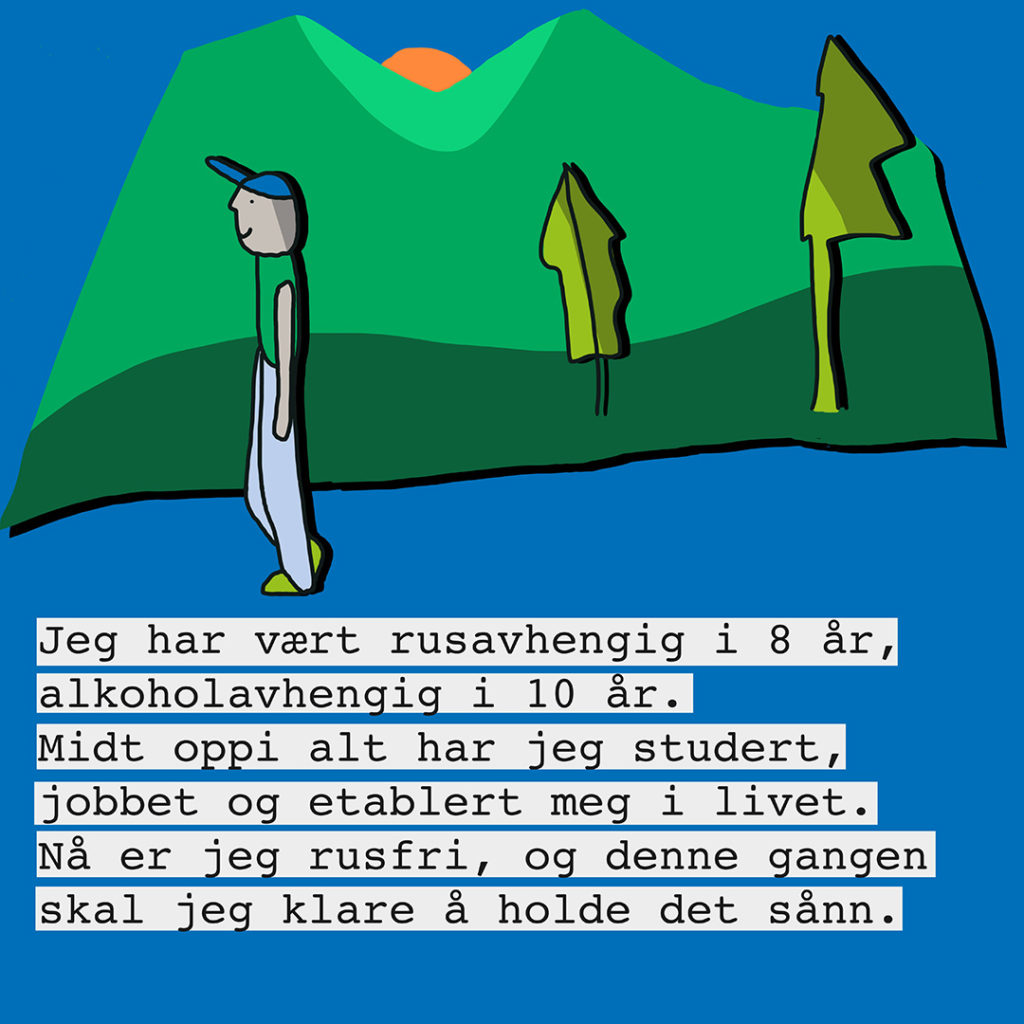 Illustrasjon fra Norske Hemmeligheter av en mann som går. Ved siden av ser vi et grønt felt, trær og en sol som stikker opp