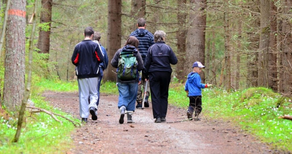 Fire voksne og et barn går en tur i skogen 